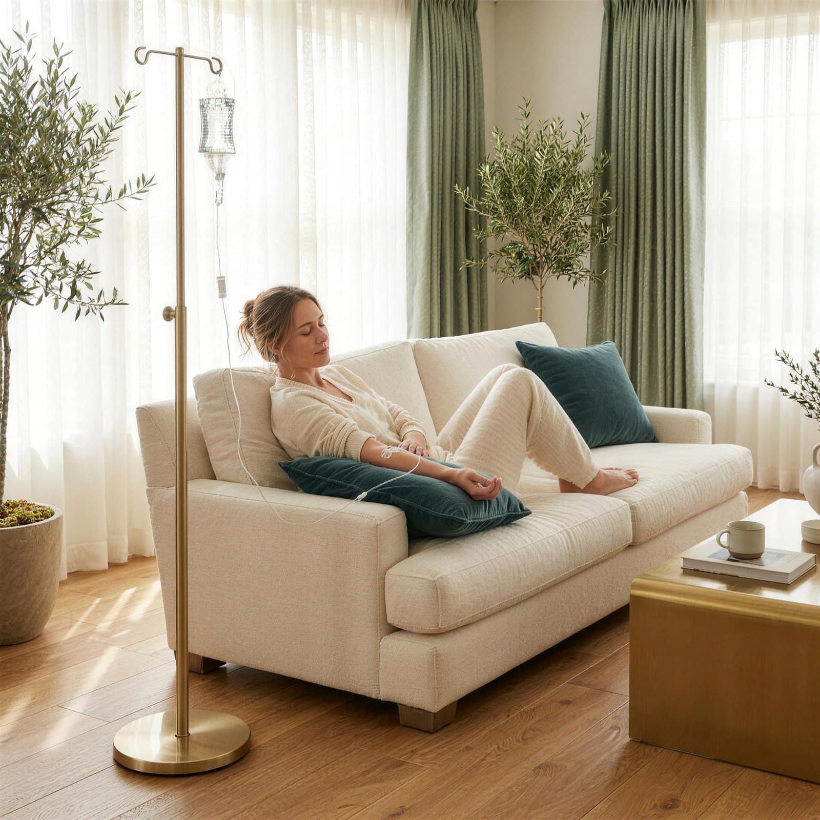 A client relaxing on their sofa at home during a physician-led IV infusion
